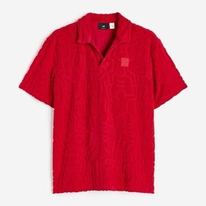 Keith Haring X Polo Shirt Mens Red Embossed Textured Print AOP Y2K Style H&M